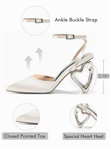 Image of Coutgo Womens Kitten Heels Closed Pointed Toe Heart Heel Ankle Strap Satin Pumps Wedding Prom Dress Valentine Shoes