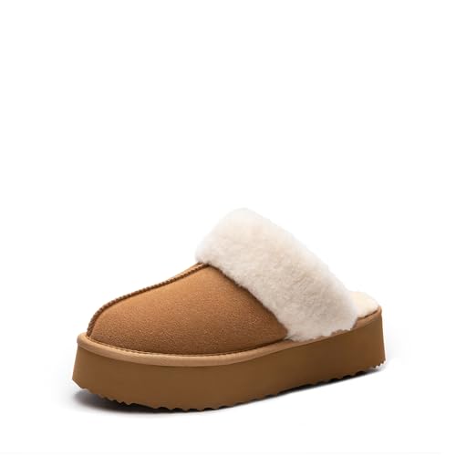 DREAM PAIRS Platform Slippers for Women Genuine Suede Fuzzy Cozy Memory Foam Waterproof Slippers Shoes for Indoor and Outdoor,Size 12,CHESTNUT,SDSL2401W
