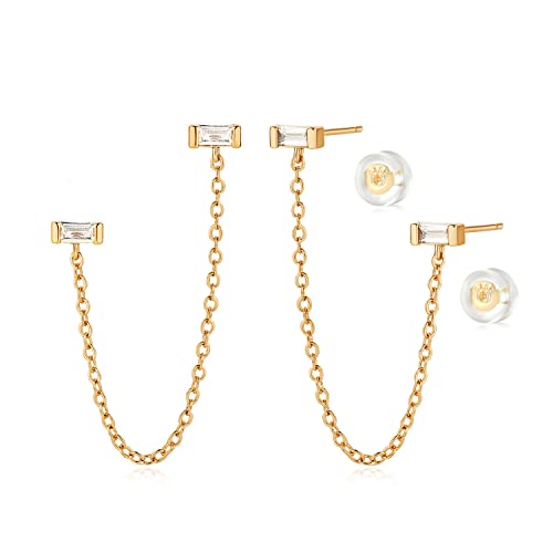 Myears Women Double Piercing Earrings Gold Stud Chain Ear Connected Baguette Diamond Cubic Zirconia 14K Gold Filled Small Simple Handmade Hypoallergenic Everyday Jewelry #TOP13