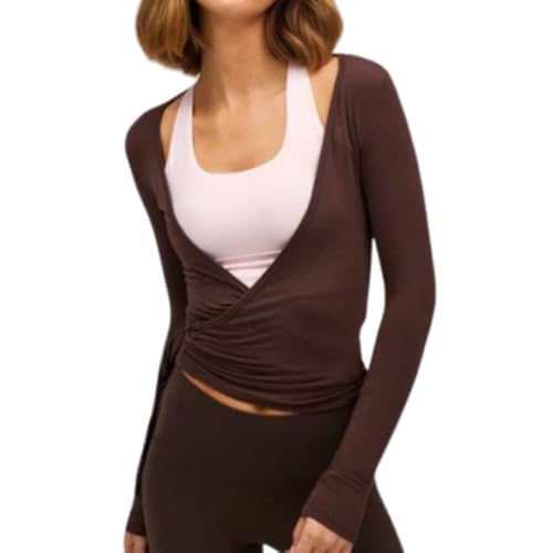 Women Ballet Wrap Top Ballet Cover Up Cross Tie Long Sleeve Deep V Neck Blusa Fitted Yoga Workout Wrap Top Pilates, Café, Médio
