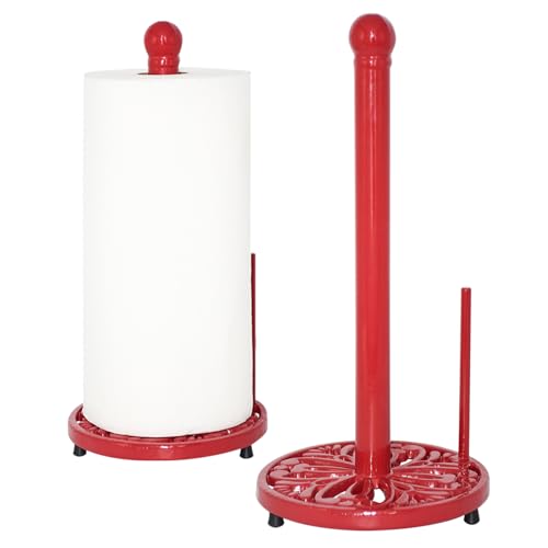 JOGREFUL Paper Towel Holder Stand, Cast Iron Kitchen Paper Towel Countertop Vintage Stand with Weighted-Base, Bathroom Organization for Family Standard Large Size Roll Paper, Mistletoe Base, Red