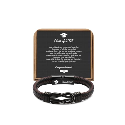 JoycuFF Graduation Gifts for Him 2025, College High School Graduation Gifts for Son Nephew Mens Leather Stainless Steel Knot Bracelet, Class of 2025 Bracelets for Boyfriend Brother Grandson