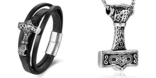 Biyongde Bundle 2Pcs Vintage Steel Viking Celtic Knot Talisman Thor's Hammer Id Identify Bangle Bracelet Pendant Necklace #TOP19