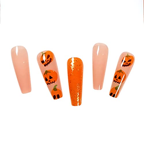 Vaveah 24 Pcs Halloween Press on Nails Coffin for Women, Extra Long Fake Nails Glue on Nails, False Nails with Glue (Orange Pumpkin)
