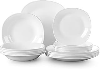 MALACASA, Series Esmer, 18-Piece Opal Glass Dinner Set White Tableware Sets with Dinner Plates/Soup Plates/Dessert Plates, Service for 6