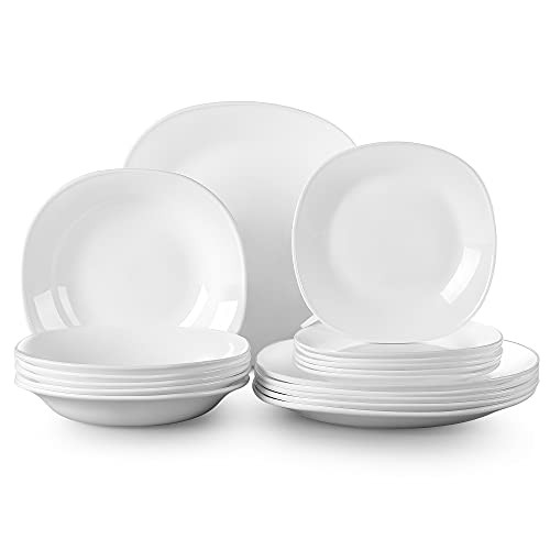 MALACASA 18-Piece Dinner Sets Opal Glass Tableware Sets Plates Sets with Dinner Plates/Soup Plates/Dessert Plates, Service for 6, Series Esmer,White