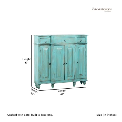 Image of Harvey Wooden Sideboard Cabinet for Living Room | Antique Wooden Cabinet for Storage Organizer with Doors | Cabinet for Home | Wooden Storage Furniture for Home | Turquoise Distress