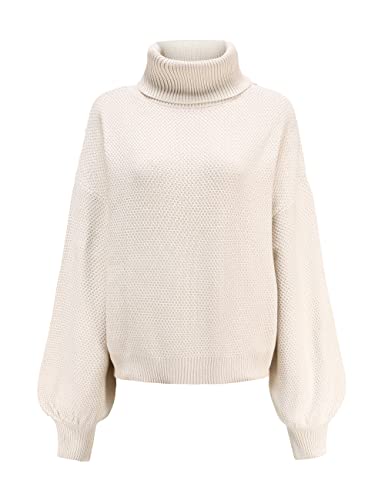 SSLR Pull surdimensionné pour femme - Pull d'hiver en tricot à mailles grossières - Col roulé - Élégante robe tricotée - Couleur unie, Blanc laiteux., S Cover