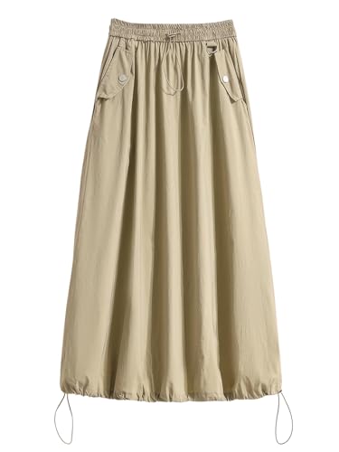 ebossy Women's Drawstring Parachute Skirt Vintage Cotton Elastic Waist A-Line Long Cargo Skirts with Pockets
