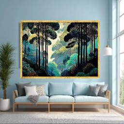 Décoration murale paysage naturel tableau forêt bleue moderne 60x90