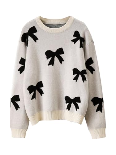 Image of BEAUDRM Girl's Cute Bow Sweater Crew Neck Long Sleeve Drop Shoulder Loose Pullover Tops