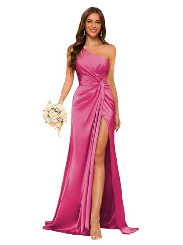 Image of vintys Women's One Shoulder Ruched Bridesmaid Dresses Long with Slit Satin Formal Prom Dress VS117