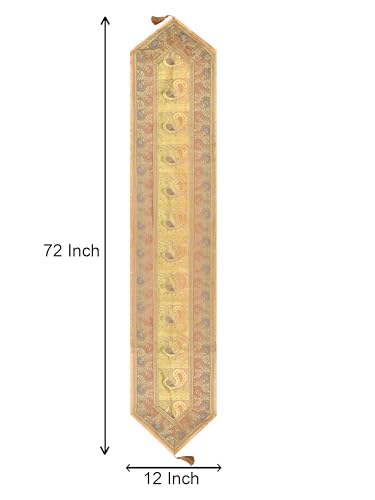 Image of Banarasi Brocade Zari Silk Table Runner Dinning & Centre Table Runner 177 By 30 CM (Beige, Peacock)