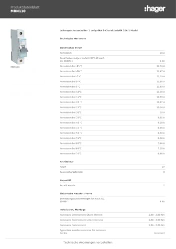 Hager MBN110 Leitungsschutzschalter 10A 1P 1-polig 6kA B-Charakteristik MCB LS-Schalter (MBN 110)