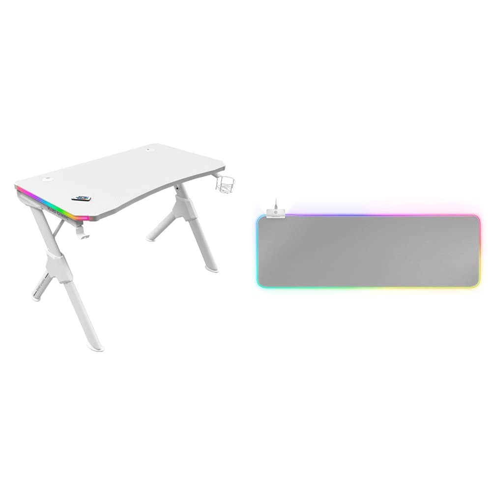 MARSGAMING MGDRGBW, Mesa Gaming RGB, Soporte Cascos + Botella, 110x60cm, Blanco & Mars Gaming MMPRGB2S XXL, Alfombrilla Ratón RGB 12 Modos, 2 USB 2.0, Blanco Plata