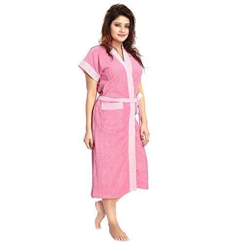 Image of Two Tone Cotton Half Sleeves Bathrobe for Women - Free Size fit Upto 42 inches-Light Pink Baby Pink