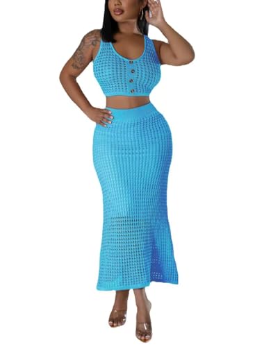Image of Women Plus Two-Piece Skirt Set Tassel Fishing Net Knittin Hollow Out Off Shoulder Beach Dresses Swimsuit Cover Ups
