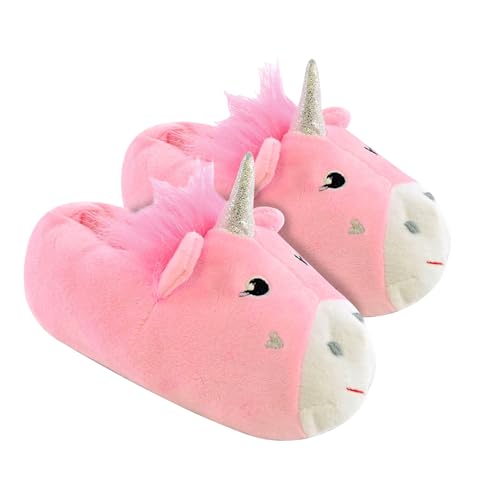 Mädchen bezaubernde Neuheit Einhorn Plüsch gefüttert 3D Hausschuhe mit Stoff rutschfeste Sohle, Pink - rose - Größe: Large