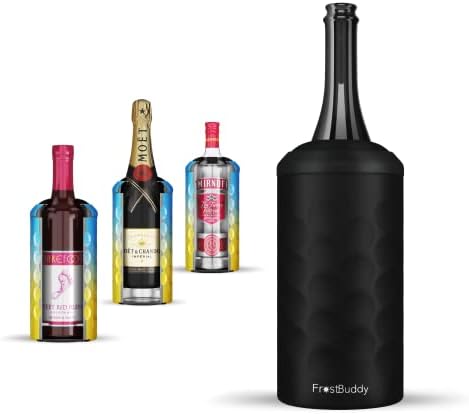 Frost Buddy Universal Wine Buddy (Black Color) - Vacuum Insulated Wine Bottle Cooler & Holder - Double Walled Stainless Steel Wine Chiller - Enjoy Cold Wine Glasses without a Champagne Bucket