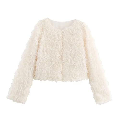 Women's Floral Decorated Jacket O Neck Single Breasted Long Sleeve Chic Casual Party Short Jacket