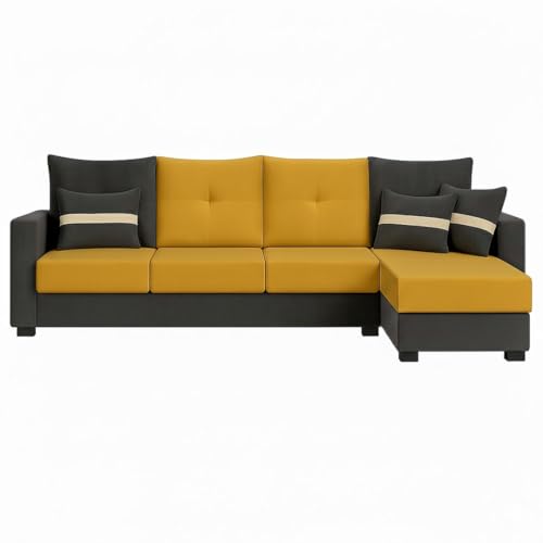 Image of CASASTYLE Vogue 5 Seater Fabric RHS L Shape Sofa Set (Yellow-Dark Grey) Velvet Finish | Comfortable Sectional Sofa for Living Room