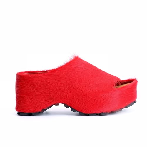 Image of XOBZJH Long-Hair Calfskin Chunky Clog Slide for Women - Memory Foam Luxury Slip on Shoes Women's Mules & Platform Clogs,Designer Mules for Women 2025