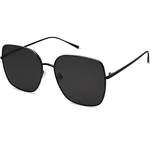 SOJOS Trendy Oversized Square Metal Frame Sunglasses for Women Men Retro Big Flat Lens UV Protection Sunglasses SJ1146, Black Frame/Grey Lens