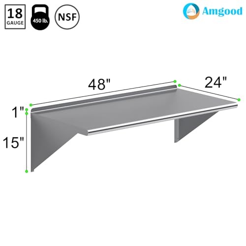 Image of AmGood 48 inch Long X 24 inch Deep Stainless Steel Wall Shelf | NSF Certified | Appliance & Equipment Metal Shelving | Kitchen, Restaurant, Garage, Laundry, Utility Room