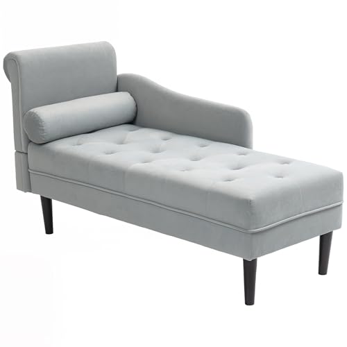 HOMCOM Chaise Longue Acolchada con cojín y apoyabrazos Izquierdo de Terciopelo, sofá tapizado, sillón Chaise Longue con Patas de Madera Maciza para salón, Oficina y Sala de Estar, Gris