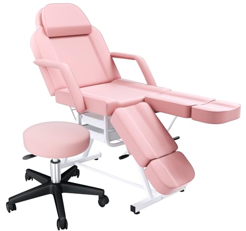 Felivine Pink Tattoo Chair for Client with Hydraulic Rolling Stool Tattoo Client Chair Facial Bed Chairs for Esthetician Tattoo Table Esthetician Beds Facial Beds with 2 Trays for Spa Beauty