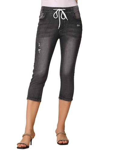 Allegra K Women's Denim Capri Pants Distressed Drawstring Elastic Waist Skinny Jeans