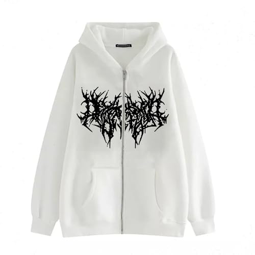 Aobiono Women Men Y2K Zip Up Hoodie Oversized Gothic Emo Grunge Graphic Baggy Alt Streetwear Unisex Vintage Fleece Jacket 90s
