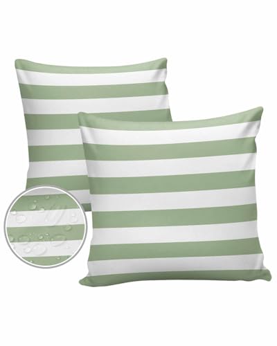 HilariousM Outdoor Pillows 18x18 Waterproof Outdoor Pillow Covers Spring Stripes Green Polyester Throw Pillow Covers Garden Cushion Decorative Case for Patio Couch Decoration Set of 2 Sage Green