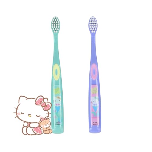 Hello Kitty - Spazzolino da denti per bambini, set da 2 pezzi, setole morbide in nylon, pulizia delicata, leggero e compatto, per bocche piccole, dai 3 anni, 10,98 cm, verde e viola