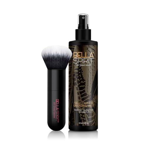 Bella Spirit by Chaz Dean Self Tanning Bronzing Mist - Self Tanner, Self Tan, Fake Tan, Face Tanner, Tanning Water Spray Mist, Long Lasting, Gradual Sunless Tanning - Light/Medium, 8 Fl Oz & Brush