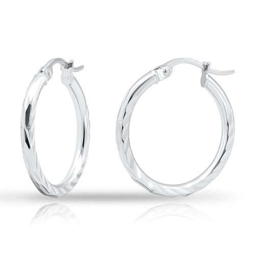 Hoops & Loops 925 Sterling Silver Diamond-Cut Click-Top Hoop Earrings for Women, Sizes 15mm 20mm 25mm 30mm, Silver, Yellow & Rose Gold