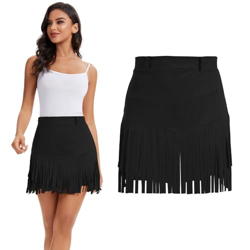 Women Western Cowgirl Fringe Skirt Terra Cotta High Waist Fringe Mini Short Skirts 60s 70s Hippie Party (US, Alpha, Large, Regular, Regular, Black)