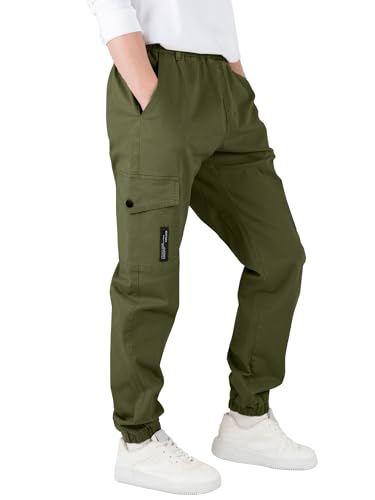 CAMLAKEE Boys Trousers Cargo Pants Kids School Jogging Bottoms Casual Streewear with Elastic Cuffs Army Green UK:12-13 Years (manufacturers's Size: 160) - Image 3