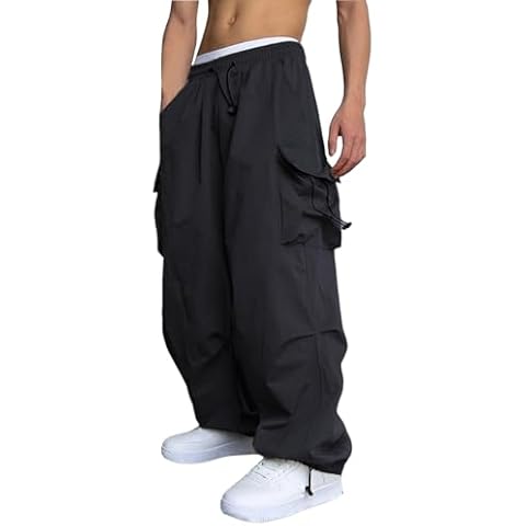 WZIKAI Men's Baggy Cargo Pants Casual Parachute Cargo Pants Loose Fit Hip Hop Harem Pants with Pockets Black XXXL Cover