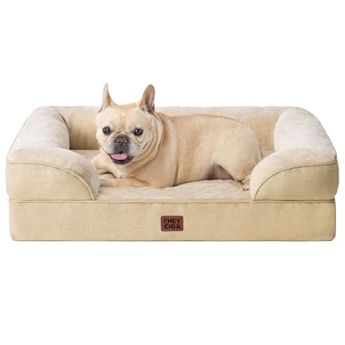 Image of EHEYCIGA Orthopedic Dog Bed for Medium Dogs, Waterproof Memory Foam Medium Dog Beds with Sides, Non-Slip Bottom and Egg-Crate Foam Pet Couch Bed with Washable Removable Cover, Greige