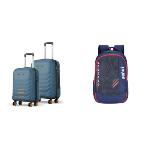 Image of Safari Crescent 8 Wheels Set of 2, Cabin & Check-in Trolley Bags Hard Case Polycarbonate 360 + Torque 37L Casual Printed Backpack, 3 compartments, Bottle Holder, Front Pocket, School Bag for