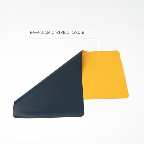 Image of Reversible Desk Mat 90x45 CM - Large Vegan Leather Office Desk Pad | Mouse Pad for Work from Home & Office | Anti-Slip Leather | Waterproof, Splash-Proof Desk Accessories (Navy Blue & Yellow)