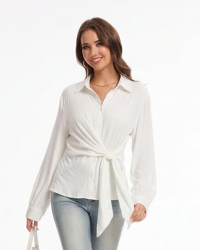 Fyralis Women's Dressy Long Sleeve Button Down Blouse with DIY Knot, Business Casual Lightweight Solid Shirt (US, Alpha, Medium, Regular, Regular, White) — view 5