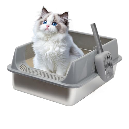 Renopfect Katzentoilette Edelstahl, Katzenklo Litter Box Katzenklo Mit Schaufel, 40x30x19cm Halbgeschlossen Katzenkl-o Hoher Abnehmbarer Rand, Katzentoilette Für Wohnung Balkon Camping