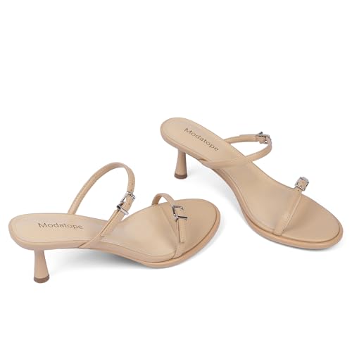 Image of Modatope Two Strap Heeled Sandals for Women Kitten Heel Rounded Toe Heels Women Slip on Open Toe Sandals