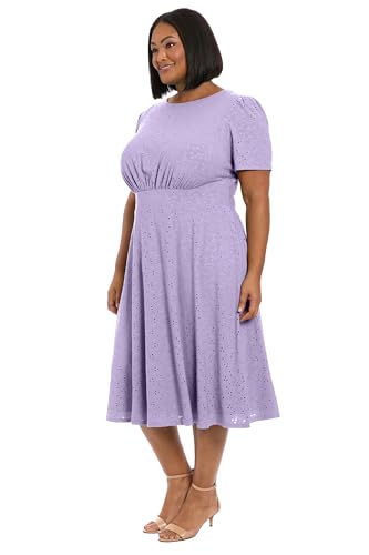 Image of London Times Women's Women's Eyelet Midi A-line Dress with Puff Sleeves - Gathered Waist Empire Cut - Wedding Guest Dress