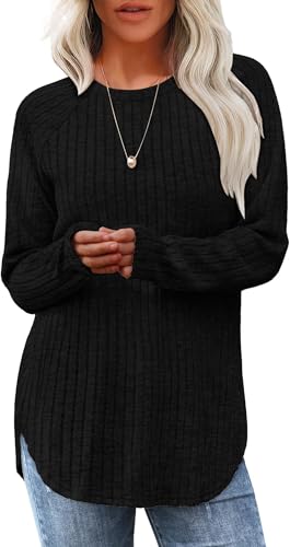 TrendiMax Damen Langarmshirt Herbst Leichte Strickpullover Rundhals Langarm Oberteile Casual Sweatshirt Tunika Tops (M Schwarz)