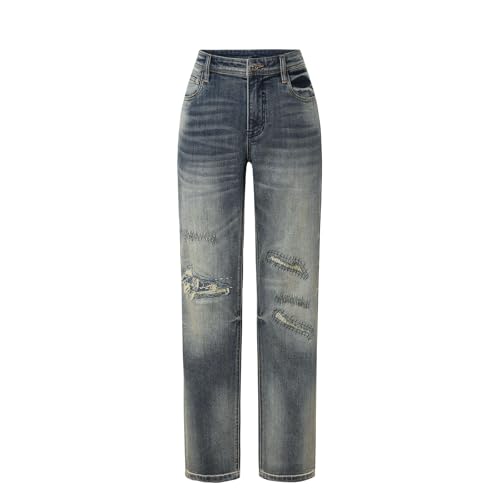 Men's Regular Comfortable Elastic Ripped Car Stitching Messy Straight Leg Jeans Hip-Hop Trend