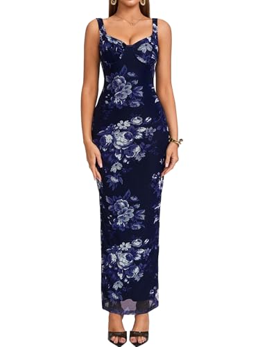 HTZMO Women Summer Floral Bodycon Maxi Dress V Neck Halter Sleeveless Casual Wedding Guest Party Elegant Long Dresses
