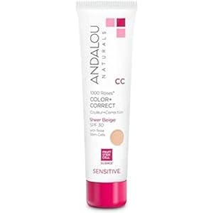 Andalou Naturals 1000 Roses CC Color + Correct with SPF 30, Sheer Beige, 2-in-1 Face Sunscreen + CC Cream for Sensitive Skin, Helps Correct Uneven Skin Tone, Reef Safe Sunscreen, 2 Fl Oz